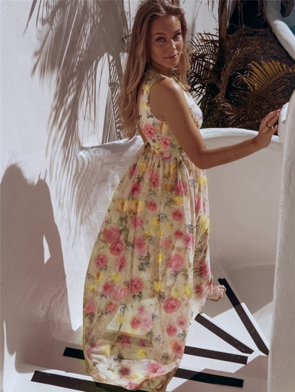 Greta - Women's Floral Print Maxi Dress with High Slit and Sleeveless Design