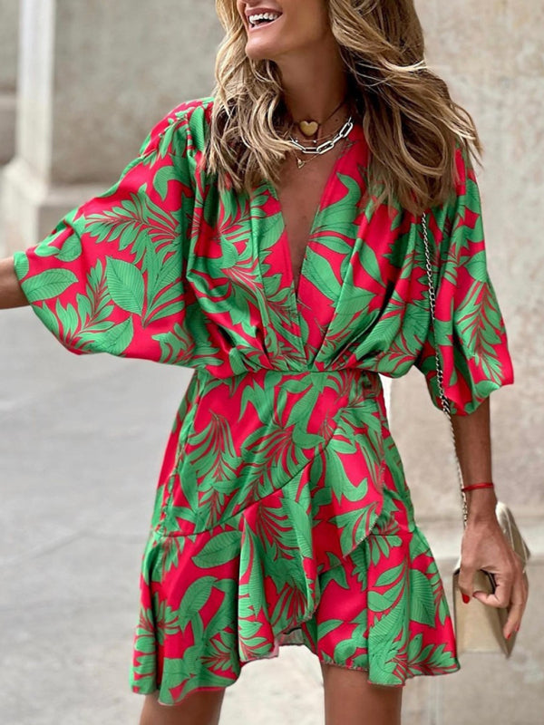 Elena - Women's Tropical Print Mini Dress with Deep V-Neck and Puff Sleeves