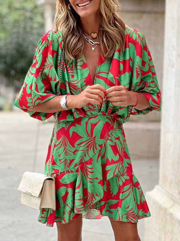 Elena - Women's Tropical Print Mini Dress with Deep V-Neck and Puff Sleeves