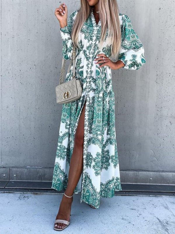 Ophelia - Women's Paisley Print Maxi Dress with Button-Down Front and High Slit