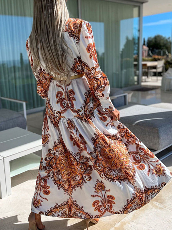 Ophelia - Women's Paisley Print Maxi Dress with Button-Down Front and High Slit