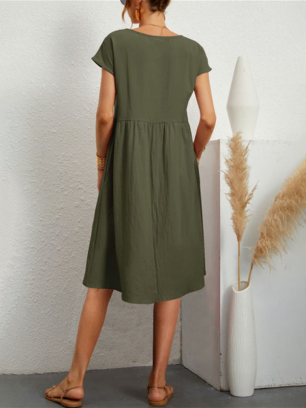 Celia - Women's Solid Print A-Line Dress with Round Neck and Short Sleeves