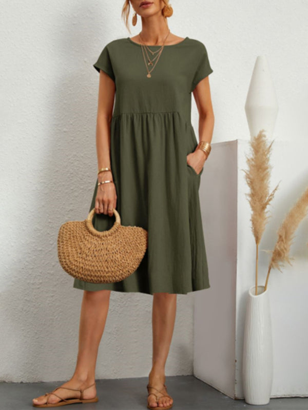 Celia - Women's Solid Print A-Line Dress with Round Neck and Short Sleeves