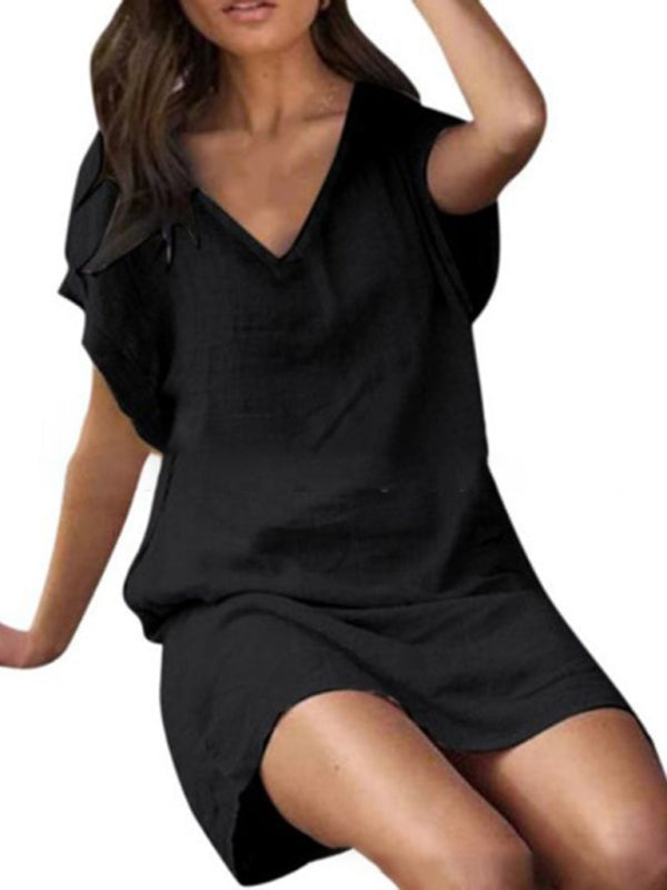 Nellie - Women's V-Neck Dress with Short Sleeves and Loose Fit (Plus Size Available)