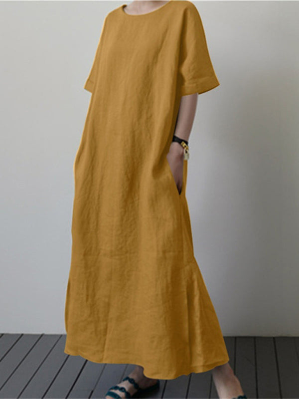 Nell - Women's Loose Dress with Belt and Side Slit (Plus Size Available)