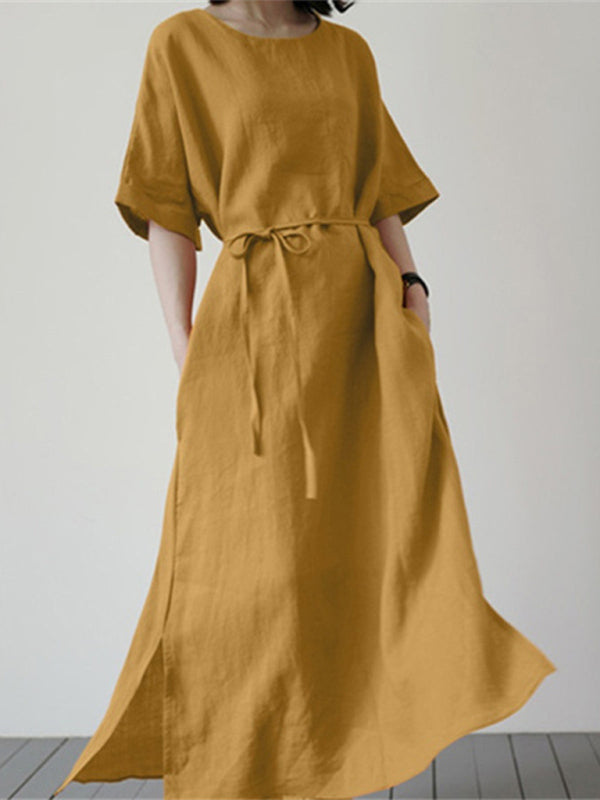 Nell - Women's Loose Dress with Belt and Side Slit (Plus Size Available)