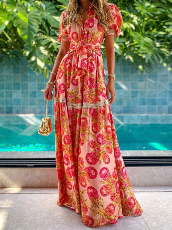 Ella - Women's Bohemian Maxi Dress with Floral Print and Puff Sleeves
