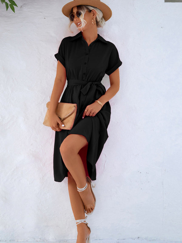 Dakota - Women's Button-Up Shirt Dress with Waist Tie and Collared Neckline