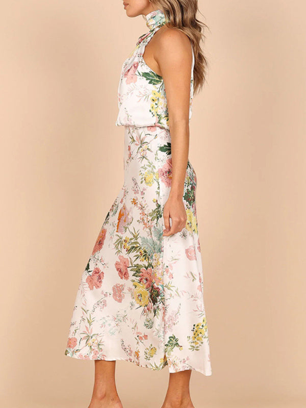 Pauline - Women's Halter Neck Midi Dress with Floral Print