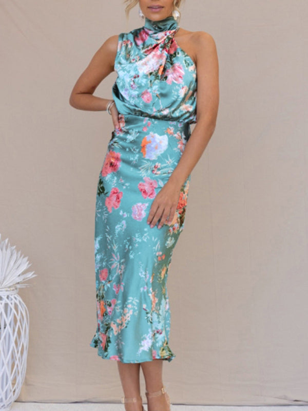 Pauline - Women's Halter Neck Midi Dress with Floral Print
