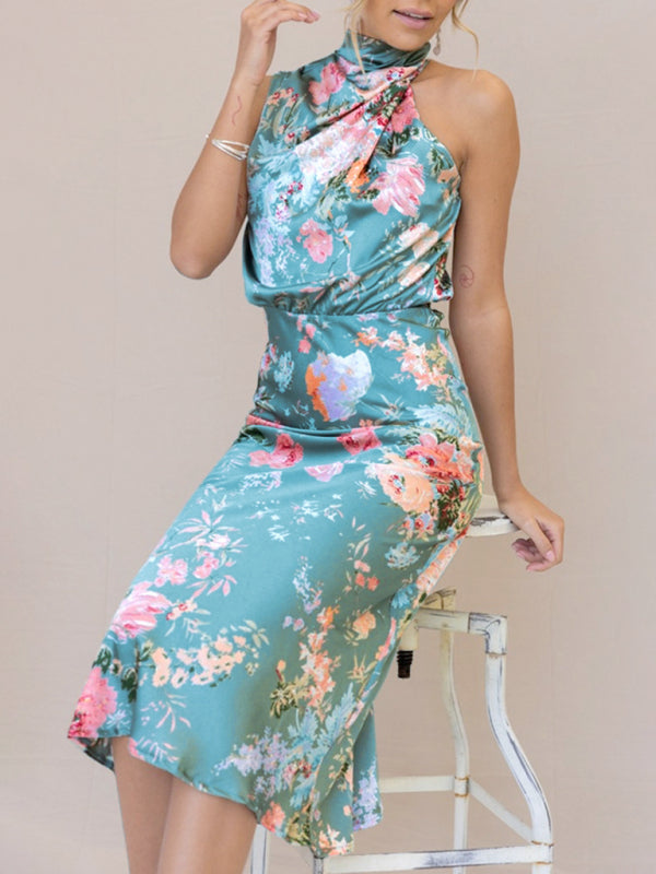 Pauline - Women's Halter Neck Midi Dress with Floral Print