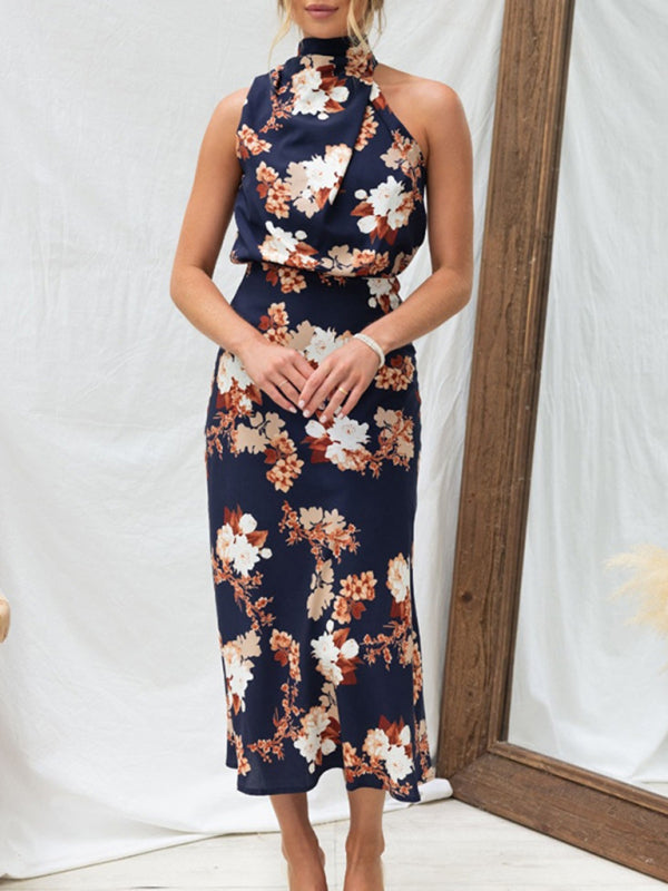 Pauline - Women's Halter Neck Midi Dress with Floral Print