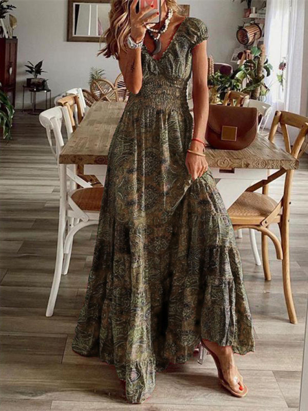 Kiara - Women's Bohemian Maxi Dress with Paisley Print and Smocked Waist