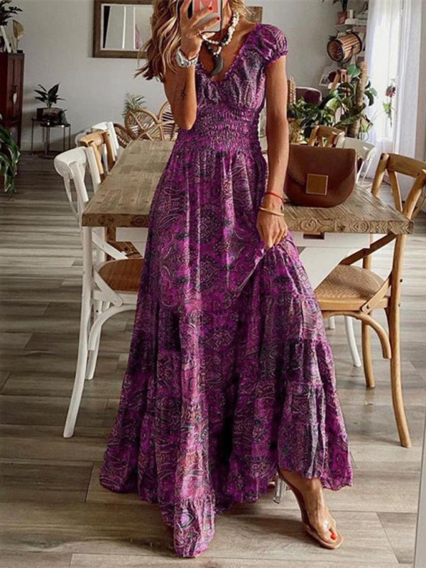 Kiara - Women's Bohemian Maxi Dress with Paisley Print and Smocked Waist