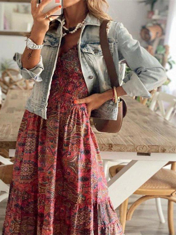 Kiara - Women's Bohemian Maxi Dress with Paisley Print and Smocked Waist