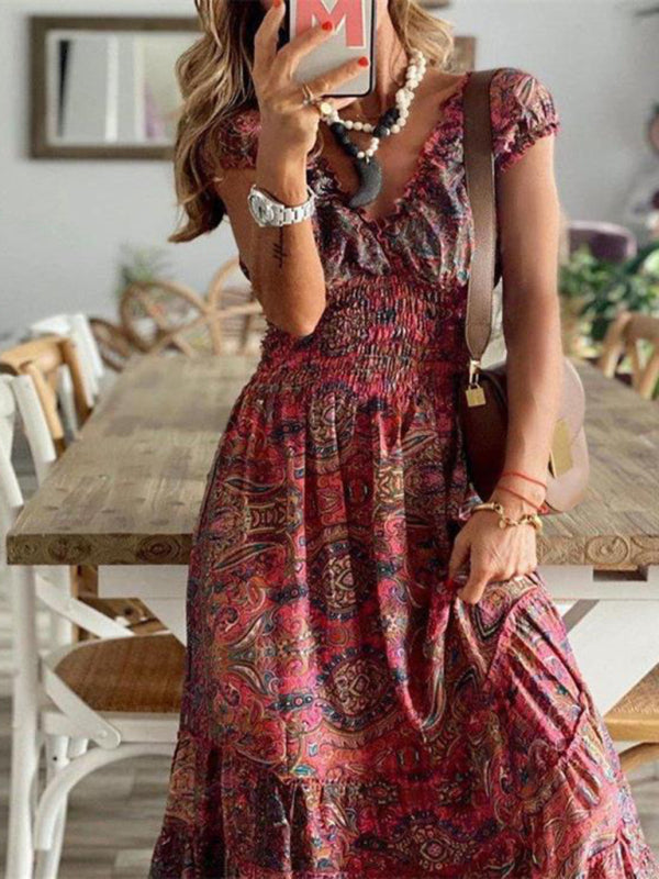 Kiara - Women's Bohemian Maxi Dress with Paisley Print and Smocked Waist