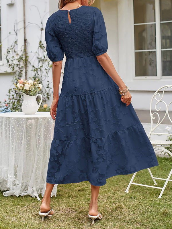 Elly - Women's Smocked Bodice Midi Dress with Puff Sleeves and Tiered Skirt