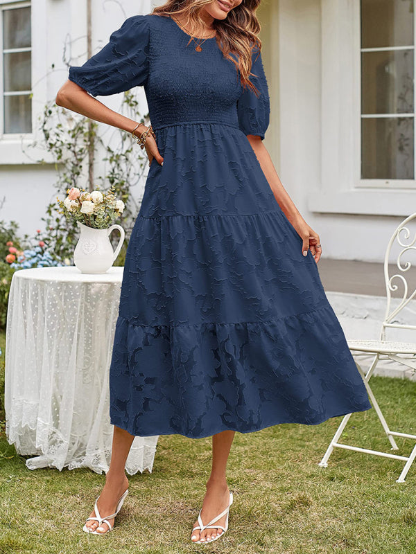 Elly - Women's Smocked Bodice Midi Dress with Puff Sleeves and Tiered Skirt