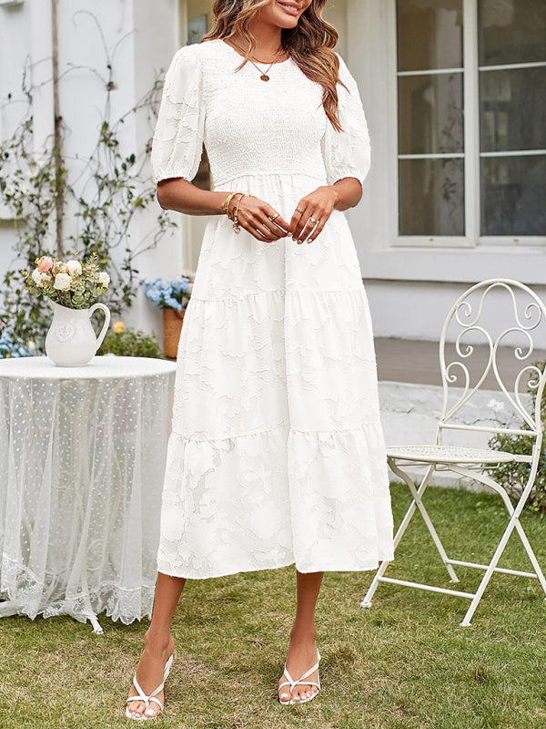 Elly - Women's Smocked Bodice Midi Dress with Puff Sleeves and Tiered Skirt