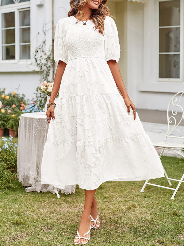 Elly - Women's Smocked Bodice Midi Dress with Puff Sleeves and Tiered Skirt