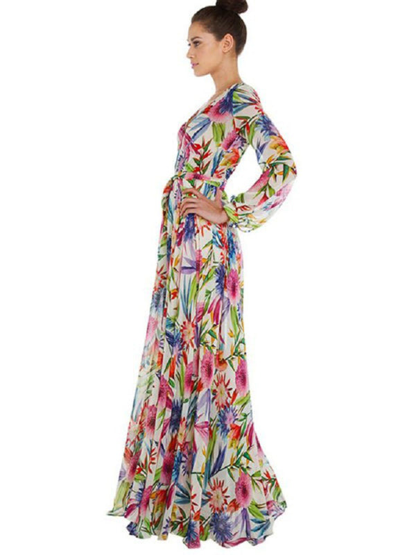 Carmen - Women's Tropical Leaf Print Maxi Dress with Lantern Sleeves