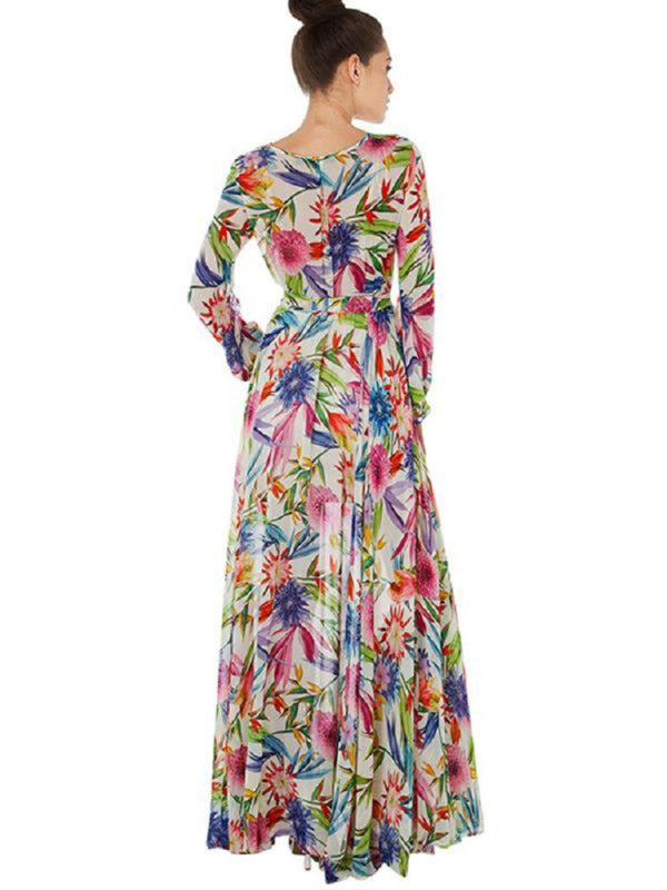 Carmen - Women's Tropical Leaf Print Maxi Dress with Lantern Sleeves