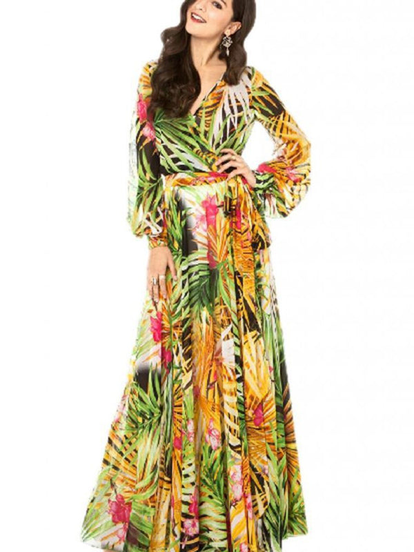 Carmen - Women's Tropical Leaf Print Maxi Dress with Lantern Sleeves