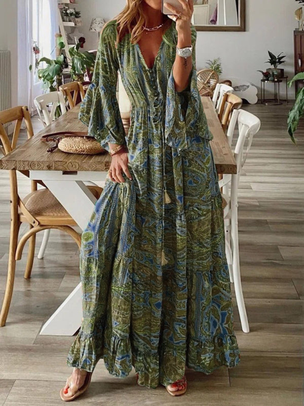 Abigail - Women's Bohemian Maxi Dress with Paisley Print and Trumpet Sleeves - photo 6