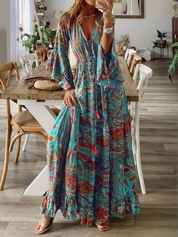 Abigail - Women's Bohemian Maxi Dress with Paisley Print and Trumpet Sleeves - photo 5