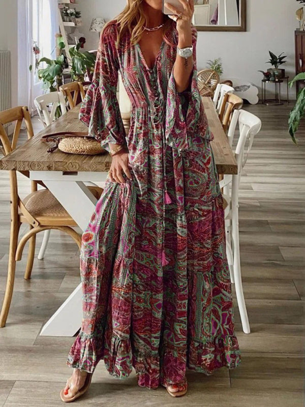 Abigail - Women's Bohemian Maxi Dress with Paisley Print and Trumpet Sleeves - photo 1
