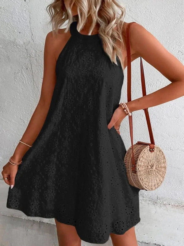 Georgia - Women's Eyelet Mini Dress with Halter Neckline and Floral Pattern