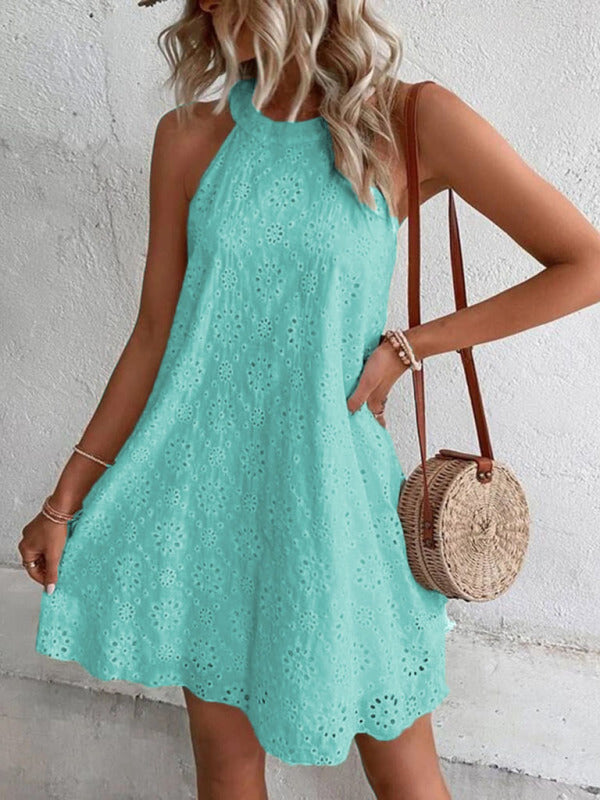Georgia - Women's Eyelet Mini Dress with Halter Neckline and Floral Pattern