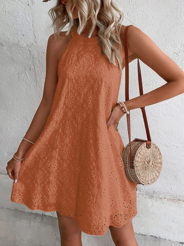 Georgia - Women's Eyelet Mini Dress with Halter Neckline and Floral Pattern