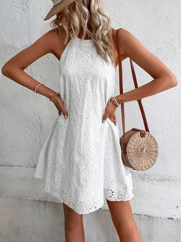 Georgia - Women's Eyelet Mini Dress with Halter Neckline and Floral Pattern