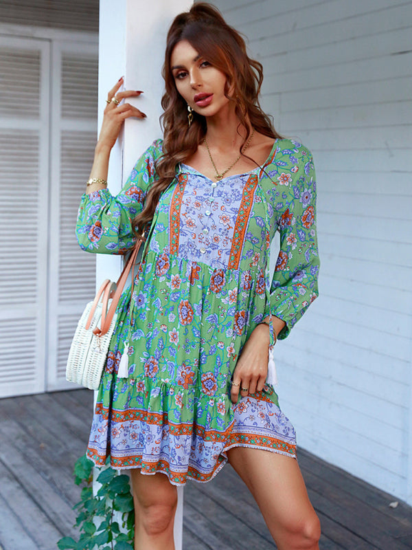 Maya - Women's Bohemian Floral Print Dress with V-Neck and Tiered Skirt