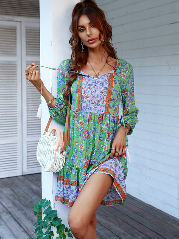 Maya - Women's Bohemian Floral Print Dress with V-Neck and Tiered Skirt