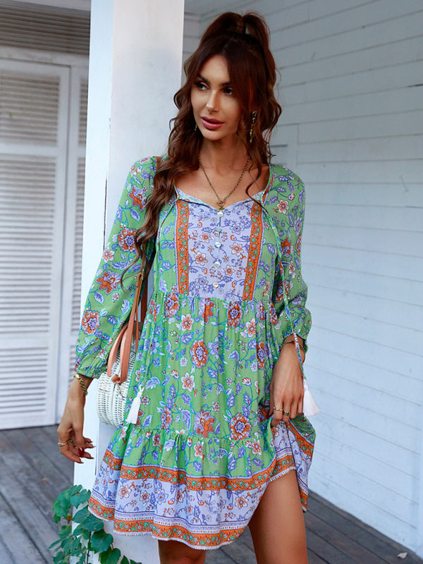 Maya - Women's Bohemian Floral Print Dress with V-Neck and Tiered Skirt