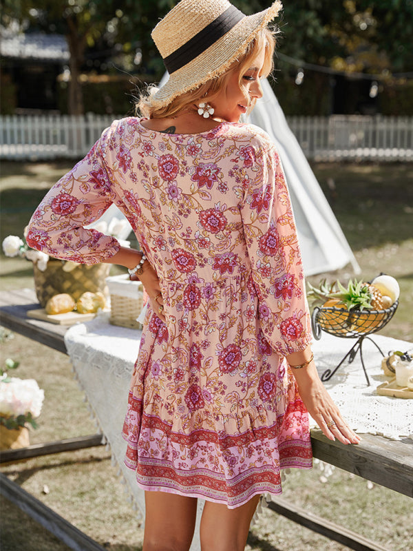 Maya - Women's Bohemian Floral Print Dress with V-Neck and Tiered Skirt