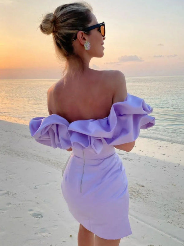 Helena - Women's Ruffled Neckline Off-Shoulder Mini Dress with Fitted Silhouette