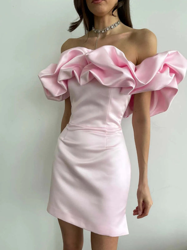 Helena - Women's Ruffled Neckline Off-Shoulder Mini Dress with Fitted Silhouette