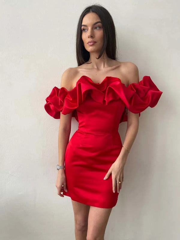 Helena - Women's Ruffled Neckline Off-Shoulder Mini Dress with Fitted Silhouette