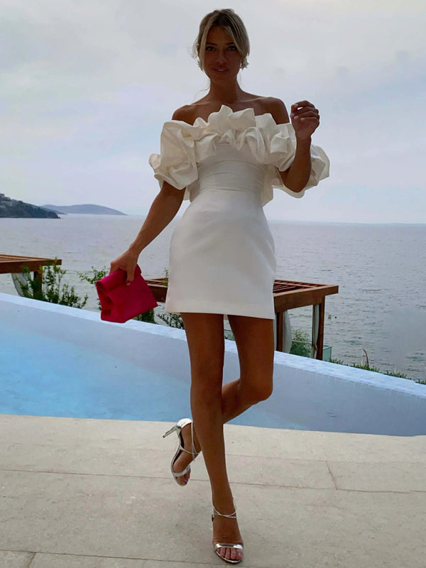 Helena - Women's Ruffled Neckline Off-Shoulder Mini Dress with Fitted Silhouette