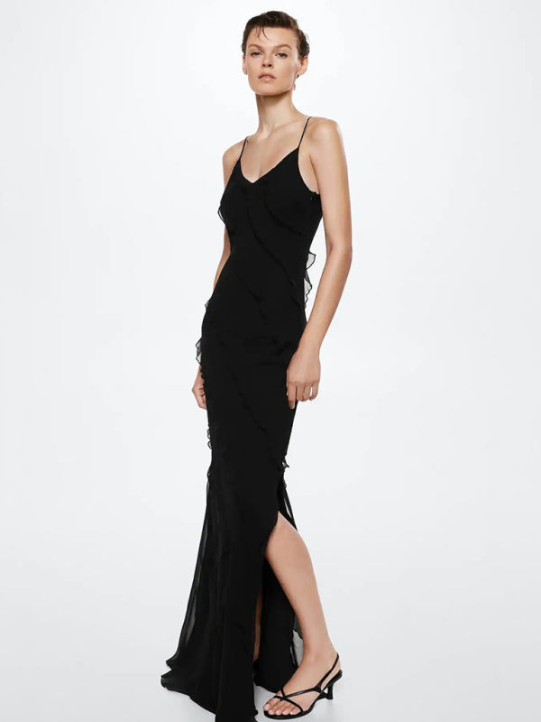 Polly - Women's Ruffled Maxi Dress with Spaghetti Straps and V-Neckline
