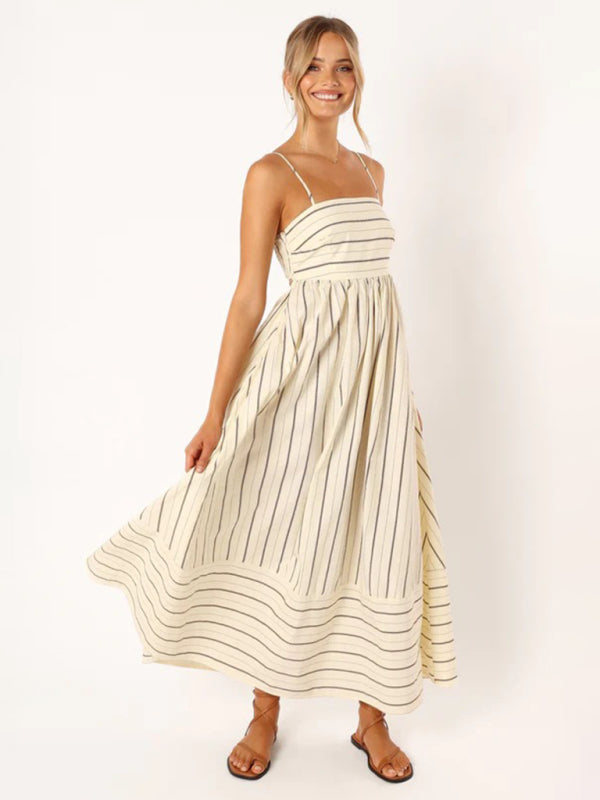 Jade - Women's Striped Maxi Dress with Sleeveless Backless Design