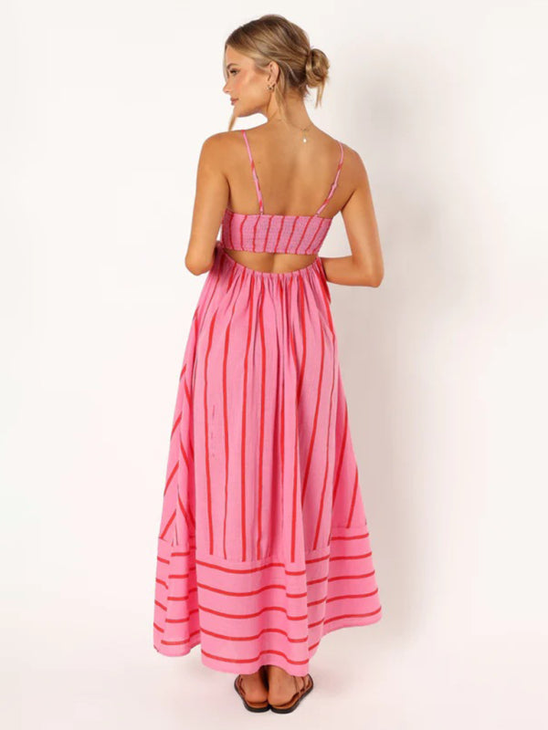 Jade - Women's Striped Maxi Dress with Sleeveless Backless Design