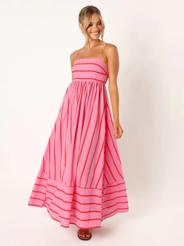Jade - Women's Striped Maxi Dress with Sleeveless Backless Design