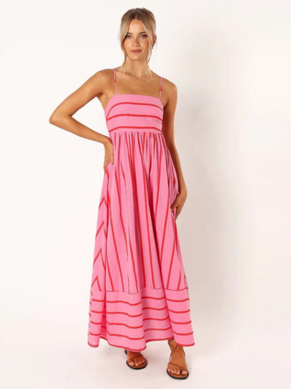 Jade - Women's Striped Maxi Dress with Sleeveless Backless Design