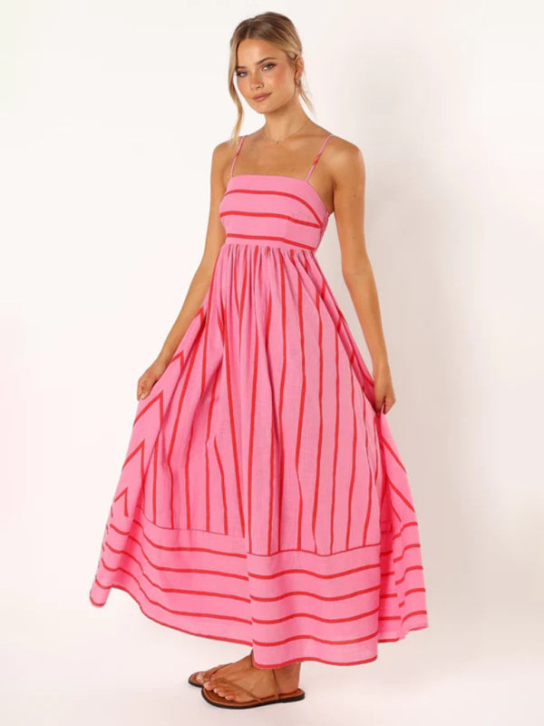 Jade - Women's Striped Maxi Dress with Sleeveless Backless Design