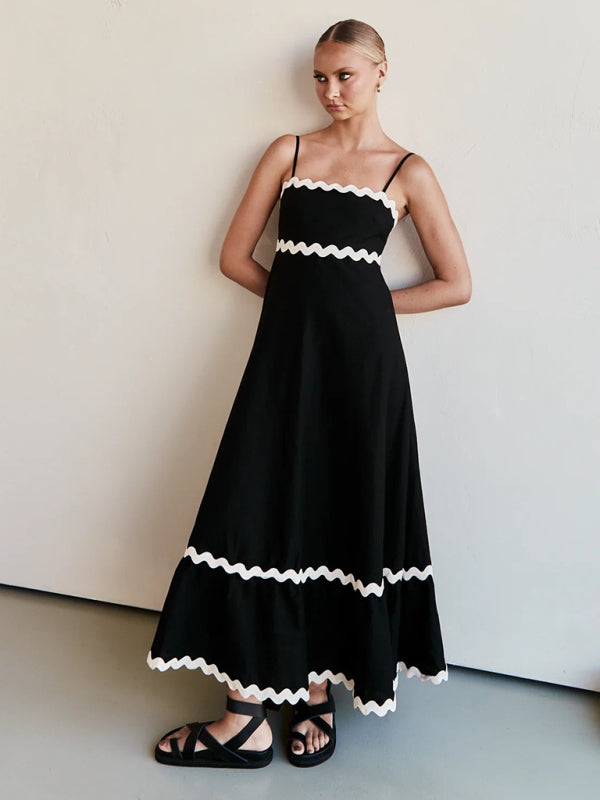 Capri - Vestido largo con ribete ondulado para mujer, tirantes finos y silueta en forma de A