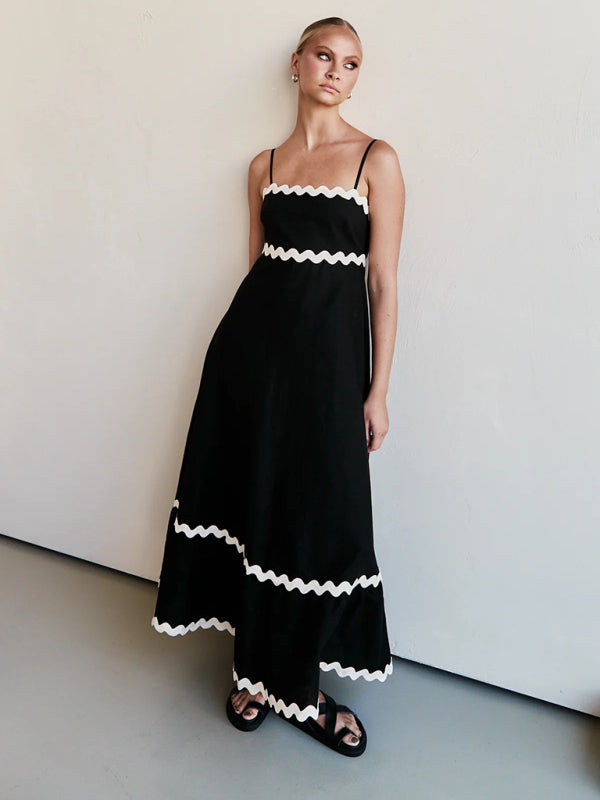 Capri - Vestido largo con ribete ondulado para mujer, tirantes finos y silueta en forma de A